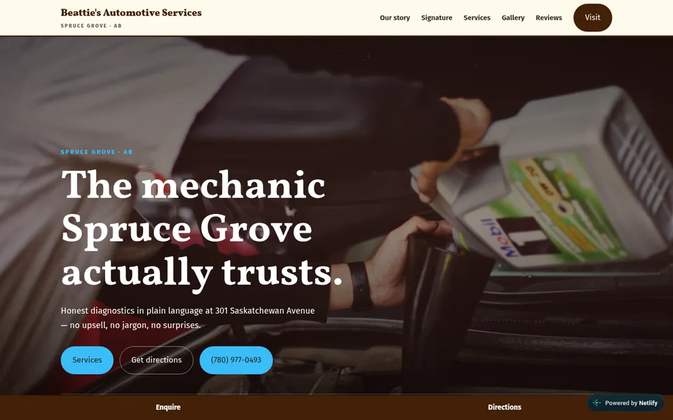 Homepage of the Beattie's Automotive website demo