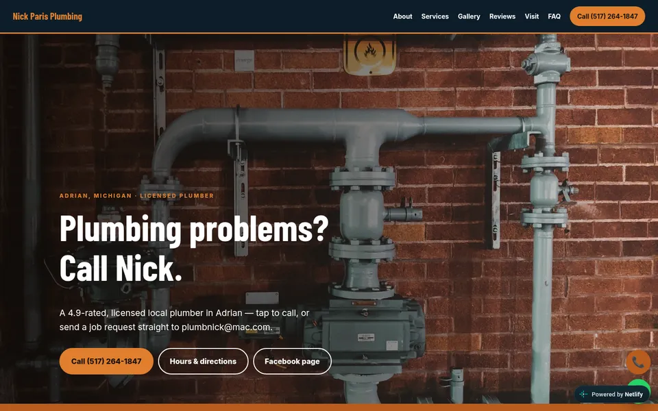 Homepage of the Nick Paris Plumbing website demo
