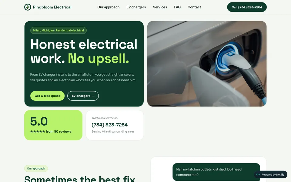 Homepage of the Ringbloom Electrical website demo
