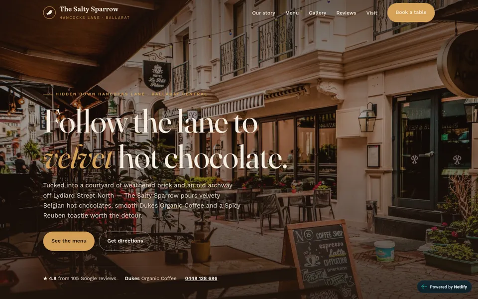 Homepage of the The Salty Sparrow Cafe website demo